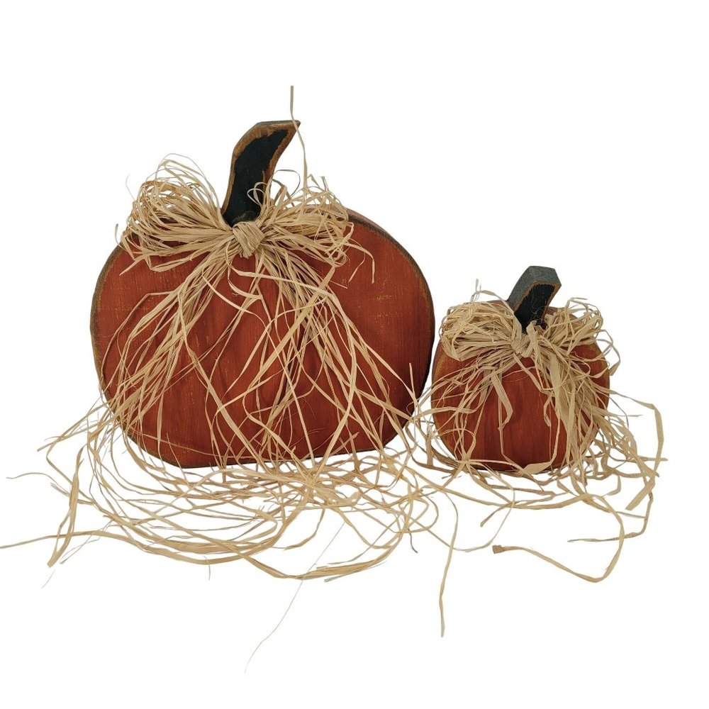 Vintage Wood Orange Pumpkins with Raffia Bows
